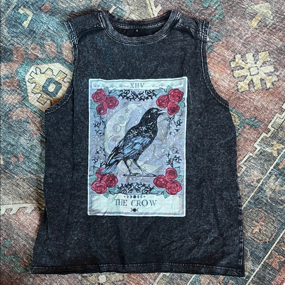Black Sleeveless Graphic Tee with Crow Design